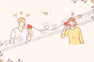 Cặp đôi minh họa đang giao tiếp qua điện thoại dây cốc, kết nối bởi hình trái tim, biểu tượng cho sự lắng nghe và kết nối cảm xúc trong tình yêu.